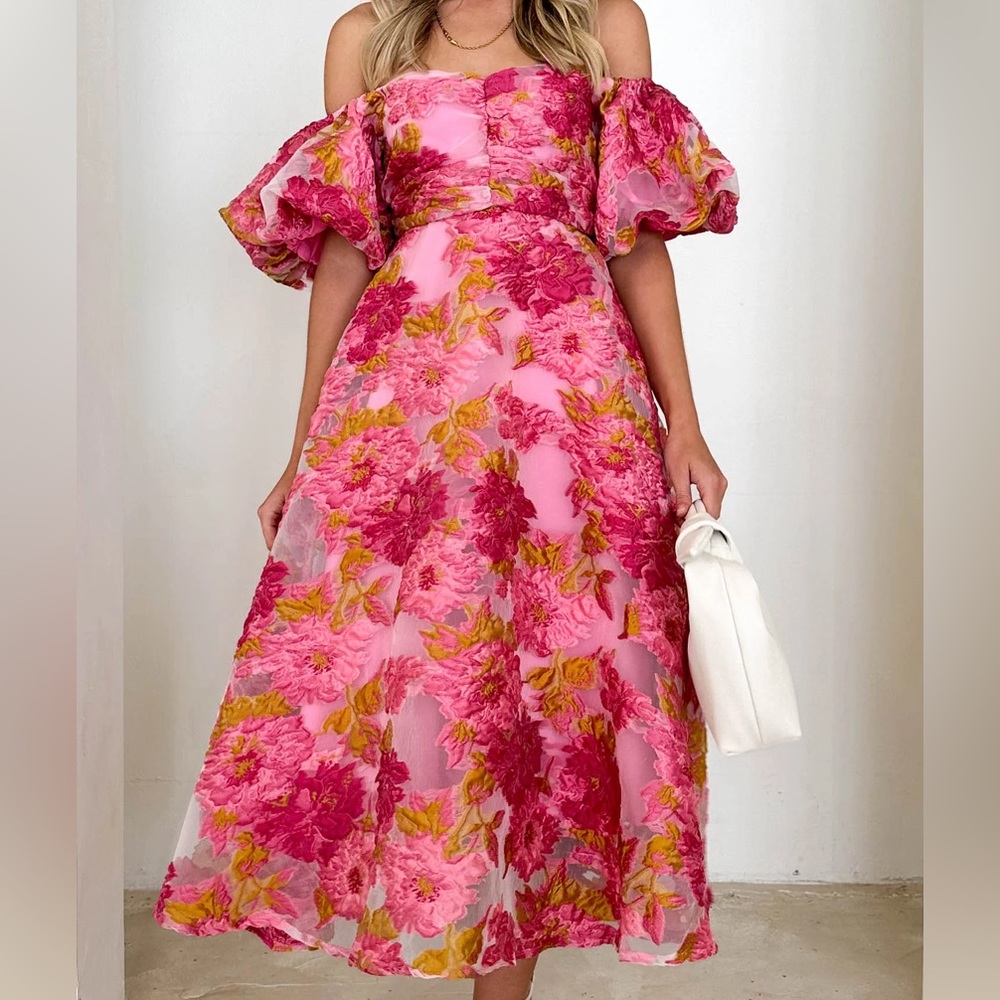 Off Shoulder Midi Dress - Pink Jacquard